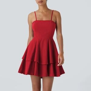 Halara Backless Adjustable Strap Tie Back Tiered Ruffle Dress Red Womens S NWT